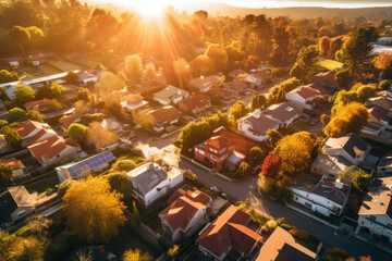 aerial view of suburban fall trees at sunset, united states