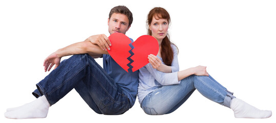 Digital png photo of caucasian couple holding broken heart on transparent background
