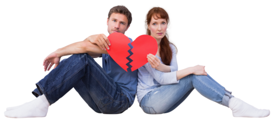 Digital png photo of caucasian couple holding broken heart on transparent background