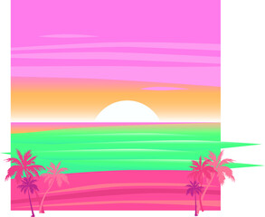 Digital png illustration of colourful sunset with palms on transparent background