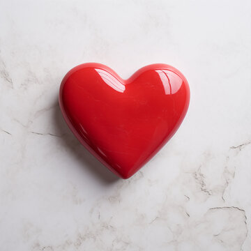 Red porcelain heart on a marble background in minimalist style. Valentine's Day card. Created with generative AI.