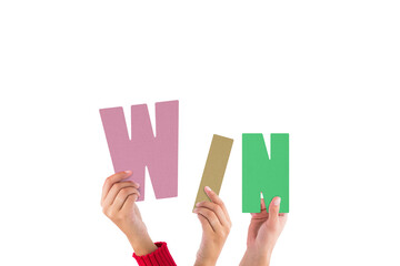 Digital png illustration of hands and win text on transparent background