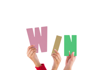 Digital png illustration of hands and win text on transparent background