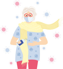 Digital png illustration of senior woman with mask and disinfectant liquid on transparent background