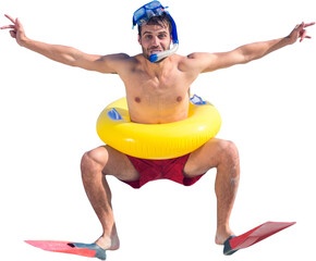 Digital png photo of caucasian man with fins and diving set on transparent background