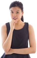 Digital png photo of pensive asian businesswoman looking on camera on transparent background