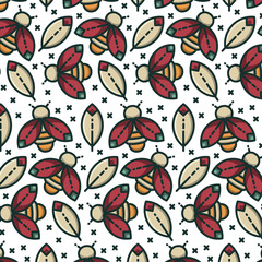 Digital png illustration of claret beetles and leaves repeated on transparent background