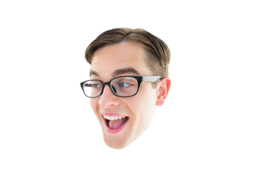 Digital png photo of head of caucasian man with glasses, laughing on transparent background
