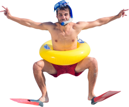 Digital png photo of caucasian man with fins and diving set on transparent background
