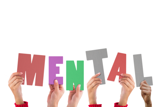 Digital png illustration of hands holding mental text on transparent background