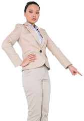 Digital png photo of asian businesswoman pointing with finger, hand on hip on transparent background