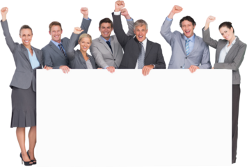 Digital png photo of group of happy caucasian businesspeople, copy space on transparent background