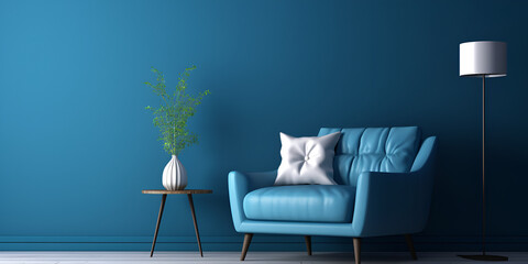 Living room interior mockup in warm tones with armchair on empty dark blue wall background, "Cozy Living Room Mockup in Warm Tones with Armchair"
