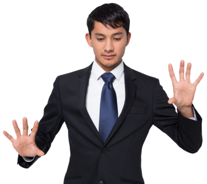 Digital png photo of focused asian businessman with hands in mid air on transparent background