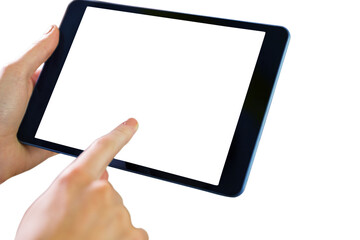 Digital png photo of caucasian businesswoman using tablet with copy space on transparent background