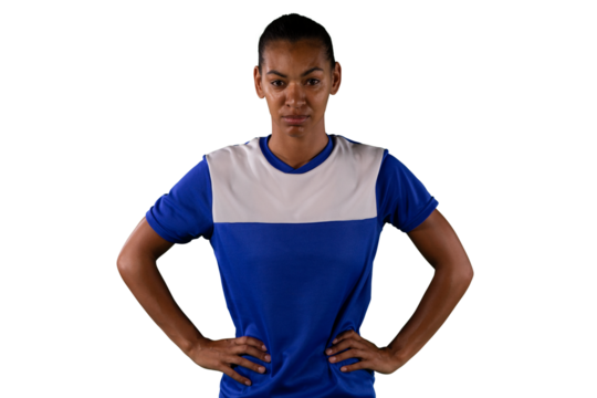 Digital png photo of biracial sportswoman with blue tshirt on transparent background