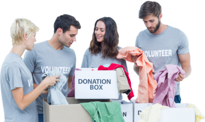Digital png photo of caucasian volunteers with donation box on transparent background