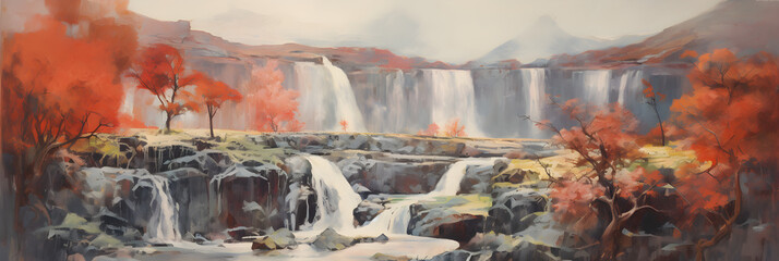 impressionist painting of the mountain waterfall landscape, a picturesque natural environment in harmonious colours
