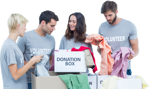 Digital png photo of caucasian volunteers with donation box on transparent background