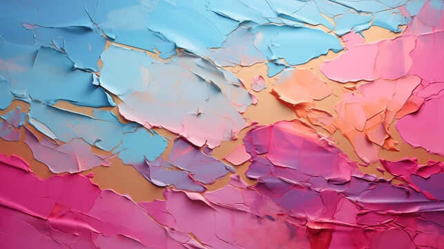 Colorful abstract cracks painting, feminine art grunge texture background. Impressionist pastel gold, blue, pink, yellow, purple bold brushstrokes. Blooming spring colors flacking paint illustration 