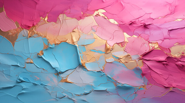 Colorful abstract cracks painting, feminine art grunge texture background. Impressionist pastel gold, blue, pink, yellow, purple bold brushstrokes. Blooming spring colors flacking paint illustration 