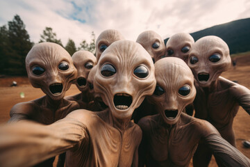 Group of aliens taking a selfie showing surprised expressions