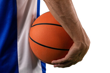Digital png photo of caucasian male basketball player holding ball on transparent background