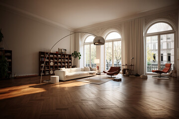 Living room interior with Arco Flos floor lamp. - obrazy, fototapety, plakaty