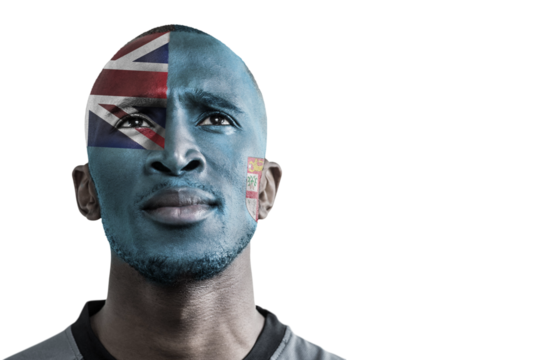Digital png photo of biracial man with national flag on transparent background