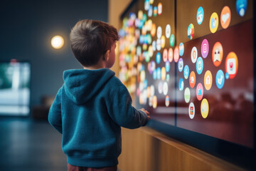 Young boy interacting with a colorful digital screen