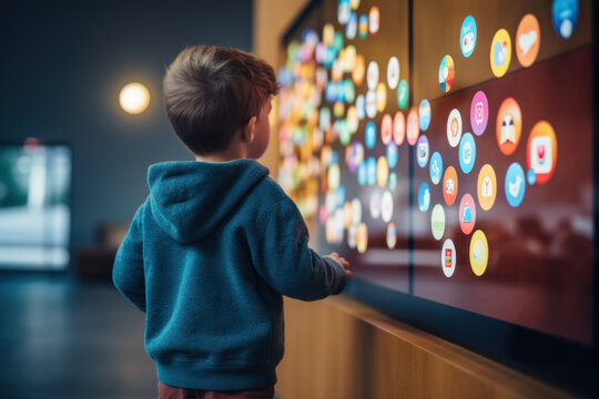 Young boy interacting with a colorful digital screen