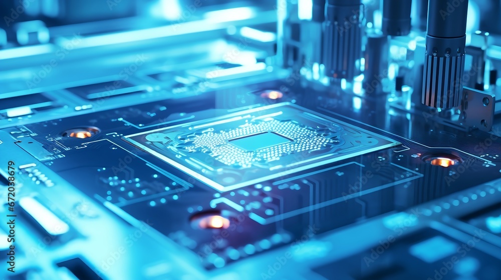 Poster close-up of silicon die are being extracted from semiconductor wafer and attached to substrate by pi