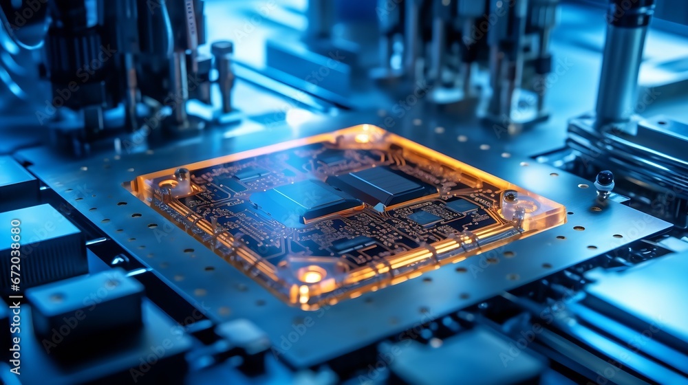 Leinwandbilder Close-up of Silicon Die are being Extracted from Semiconductor Wafer and Attached to Substrate by Pick and Place Machine. Computer Chip Manufacturing at Fab. Semiconductor Packaging Pr : Generative AI