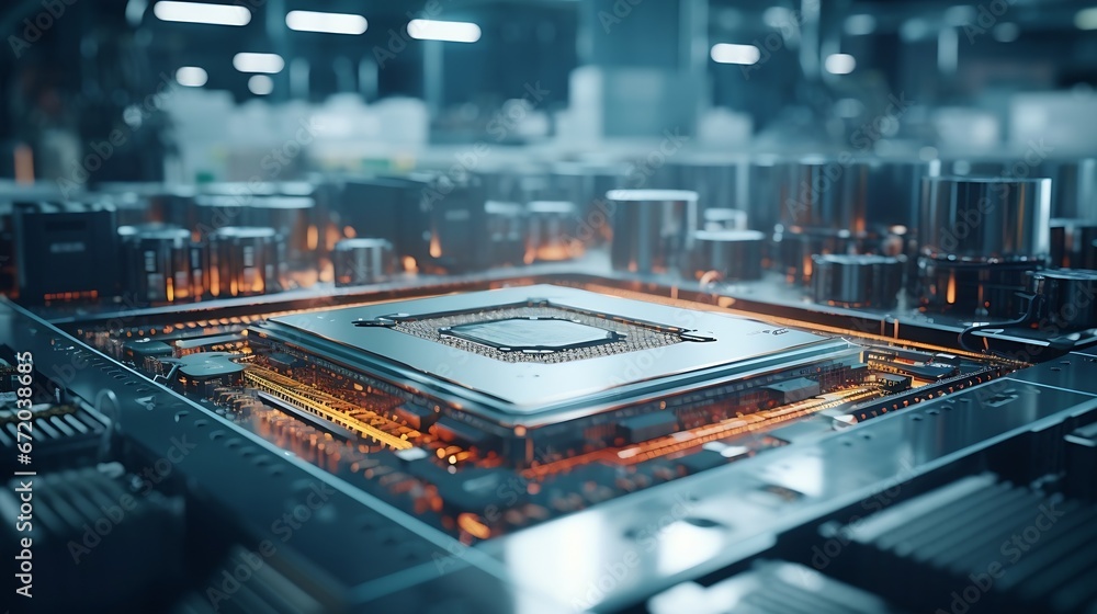 Poster Shot of Computer Processor Production Line at Advanced Semiconductor Foundry in Bright Environment. Microchip Factory. : Generative AI