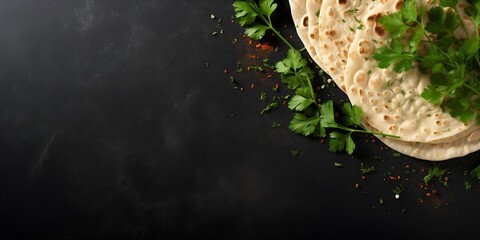 Fresh Indian chapati tortillas with fresh parsley on a graphite background. Top view, copy space : Generative AI