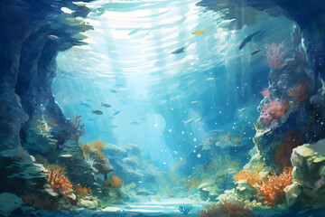 watercolour painting of the underwater ocean reef landscape, a picturesque natural environment in soft harmonious colours