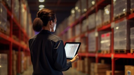 Rearview of a logistics manager using a digital warehouse management system on a tablet. Female warehouse employee working with statistical reports on her inventory management dashboar : Generative AI