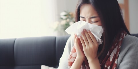 Sick young Asian woman sitting on couch blowing her nose on a tissue conceptual of healthcare, seasonal flu, allergic rhinitis or allergy reaction in hay fever. Closeup, copy space : Generative AI