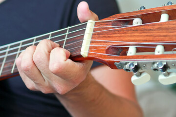 Close-up of an acoustic guitar.