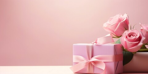 Valentine's Day and Mother's Day design concept background with pink rose, carnation flower and wrapped gift box on pink table background. : Generative AI - obrazy, fototapety, plakaty