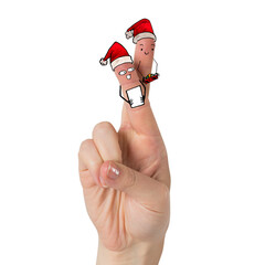 Digital png illustration of hand with santa hats on fingers on transparent background