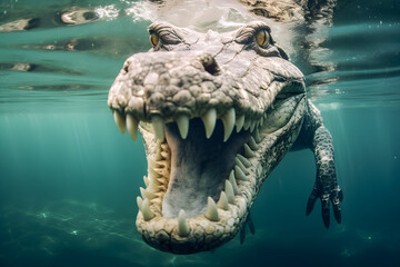 underwater view of crocodile in water - obrazy, fototapety, plakaty