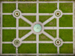 Aerial Top Hofgarten Court Garden center Munich Germany located between Residenz and Englischer Garten green meadows - 672039624