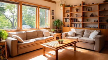 The living room is furnished with eco-friendly wooden furniture.