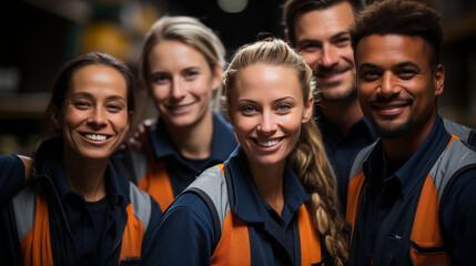 A group of friendly and positive warehouse workers in overalls posing for the camera
