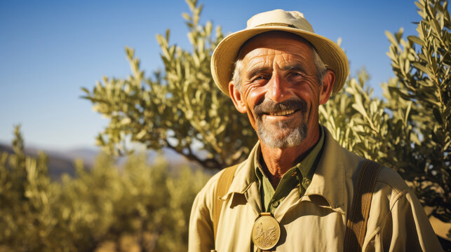Olive oil producer with gold medal in olive groves