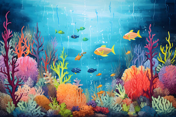 Fototapeta na wymiar colourful cute and simple painting of the underwater ocean reef landscape, a picturesque natural environment in bright colours