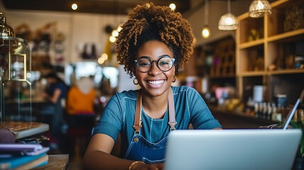 a black, female entrepreneur happily working on her business, generative ai