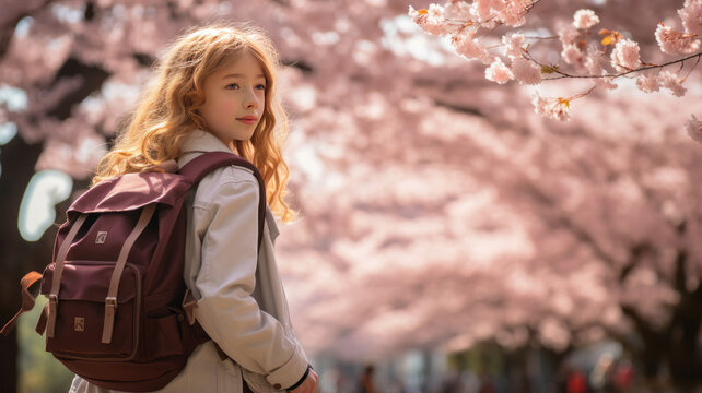 Young student under cherry blossoms, vibrant spring. generative ai