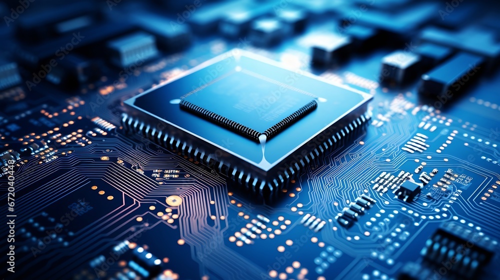 Poster Integrated semiconductor microchip/ microprocessor on blue circuit board representative of the high tech industry and computer science : Generative AI
